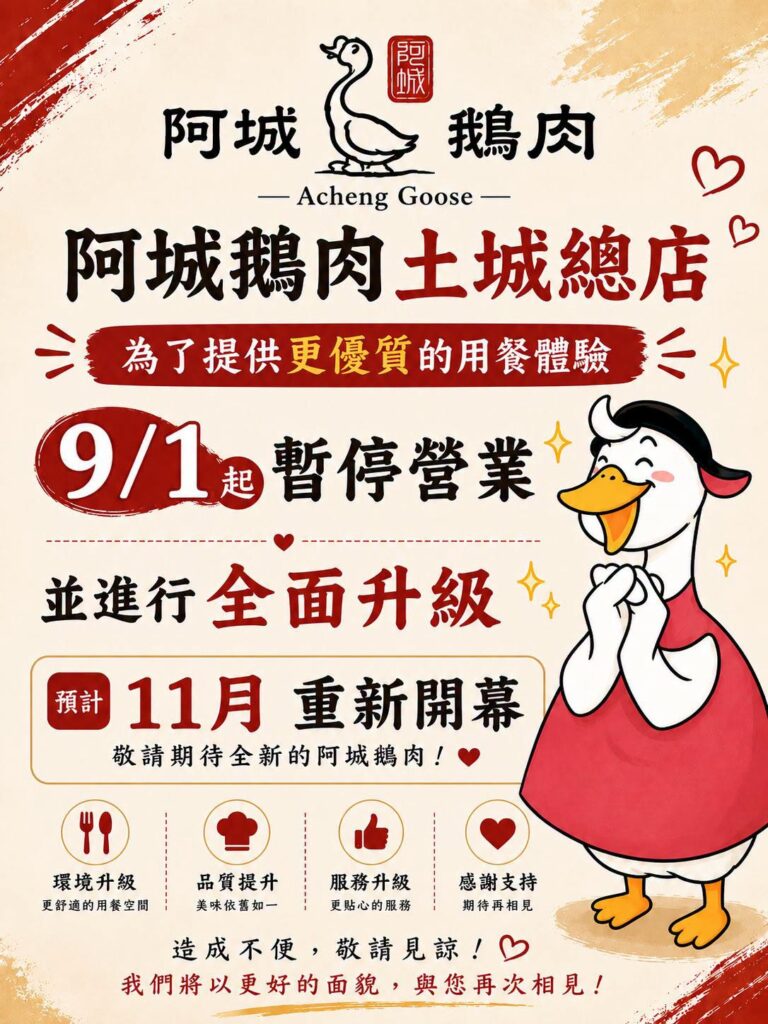 土城阿城鵝肉重新裝潢時間